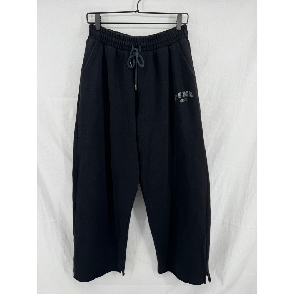 Victorias Secret PINK Black Wide Leg Fleece Sweatpants Glitter Logo Medium Long